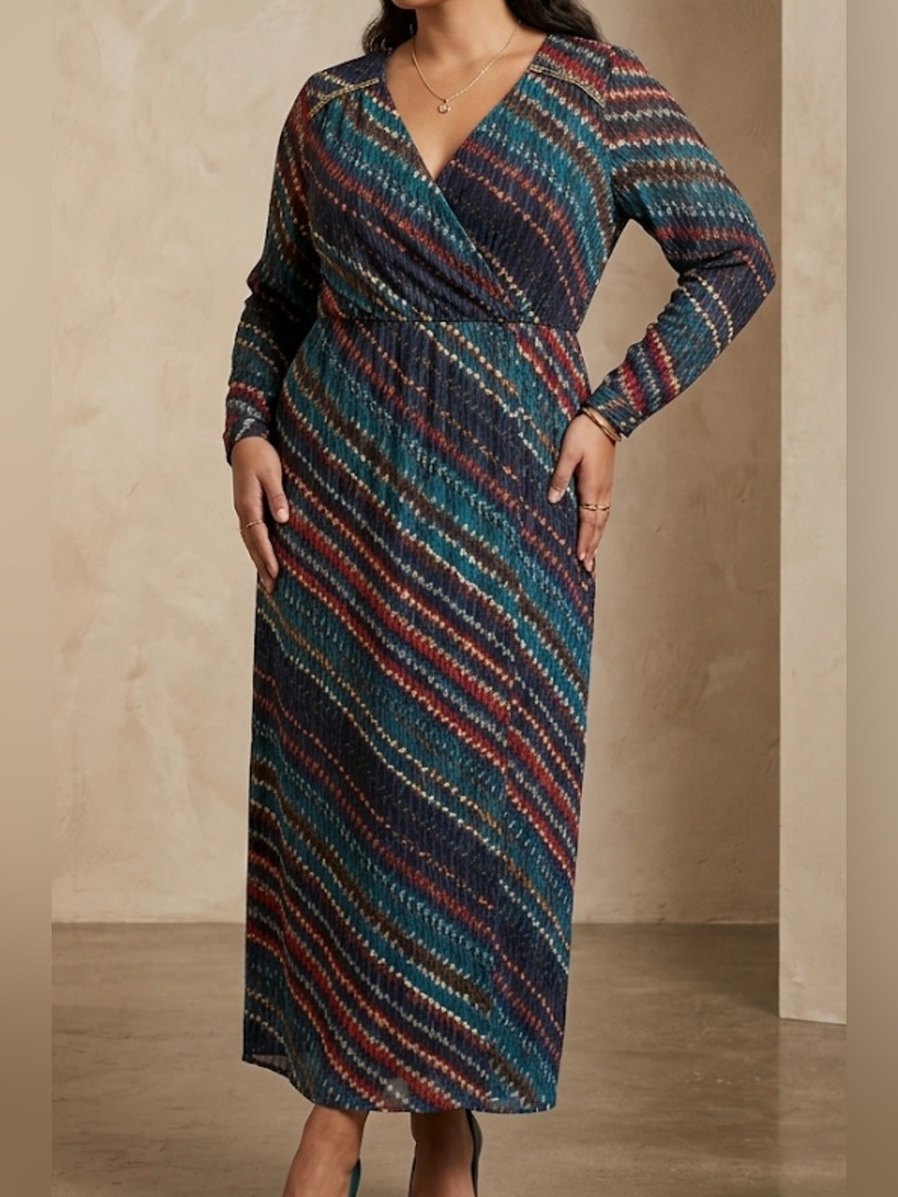 Cato Womens Blue Abstract Print Beaded Shoulder V-Neck Maxi Dress Large